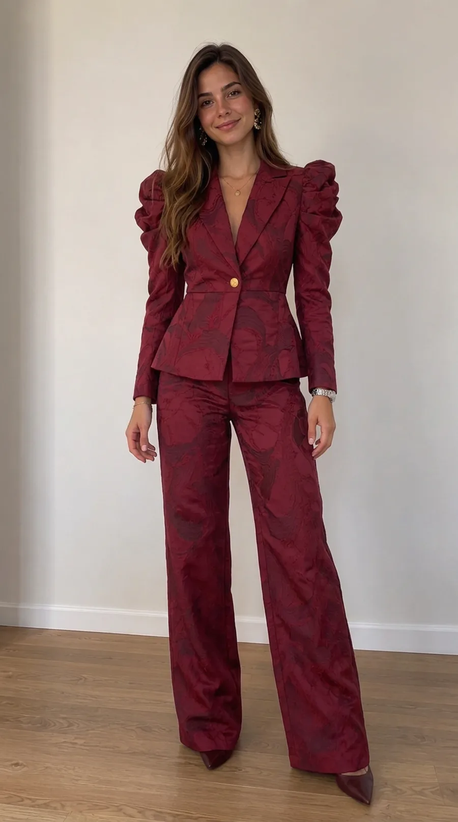 Mujer probándose virtualmente una gabardina roja con Ponmelo